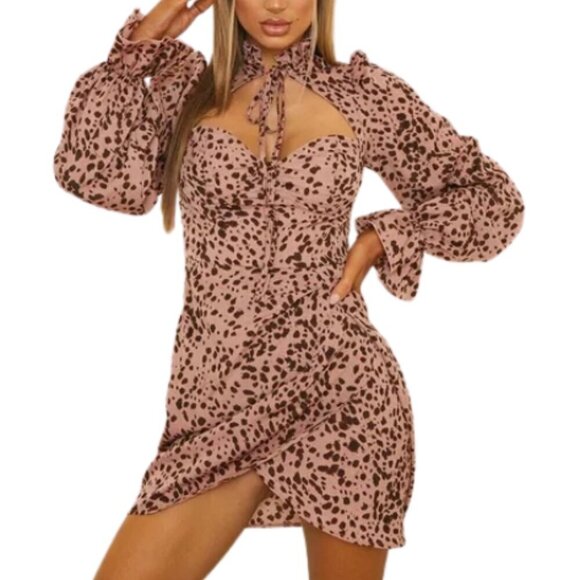 PrettyLittleThing Dresses & Skirts - PrettyLittleThing Pink Brown Polka Dot Tie Neck Wrap Skirt Bodycon Dress Size 12